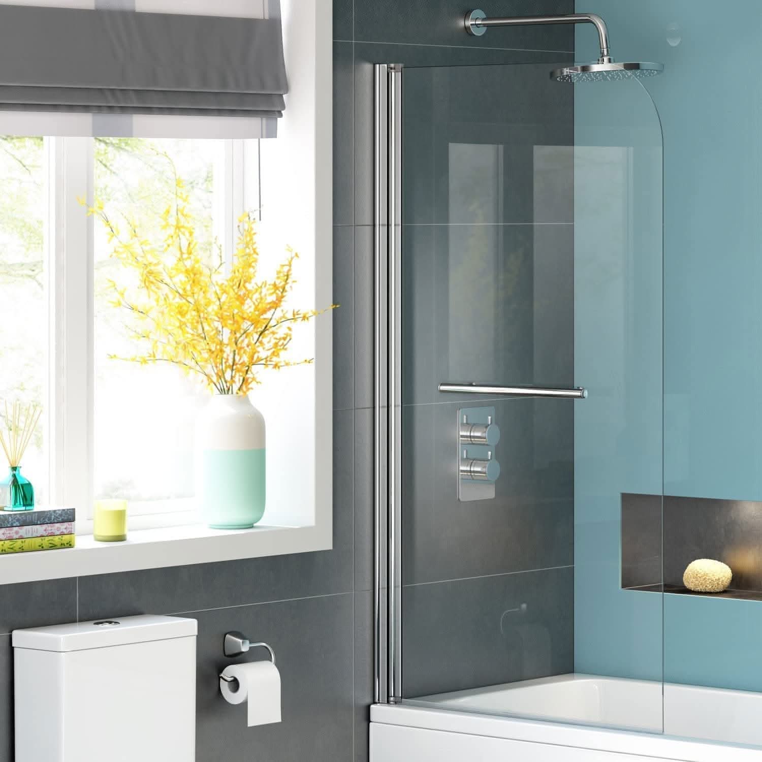 Modern Curved Edge Bath Screen With Towel Rail - 6mm Glass - 1400mm x 800mm - Chrome
