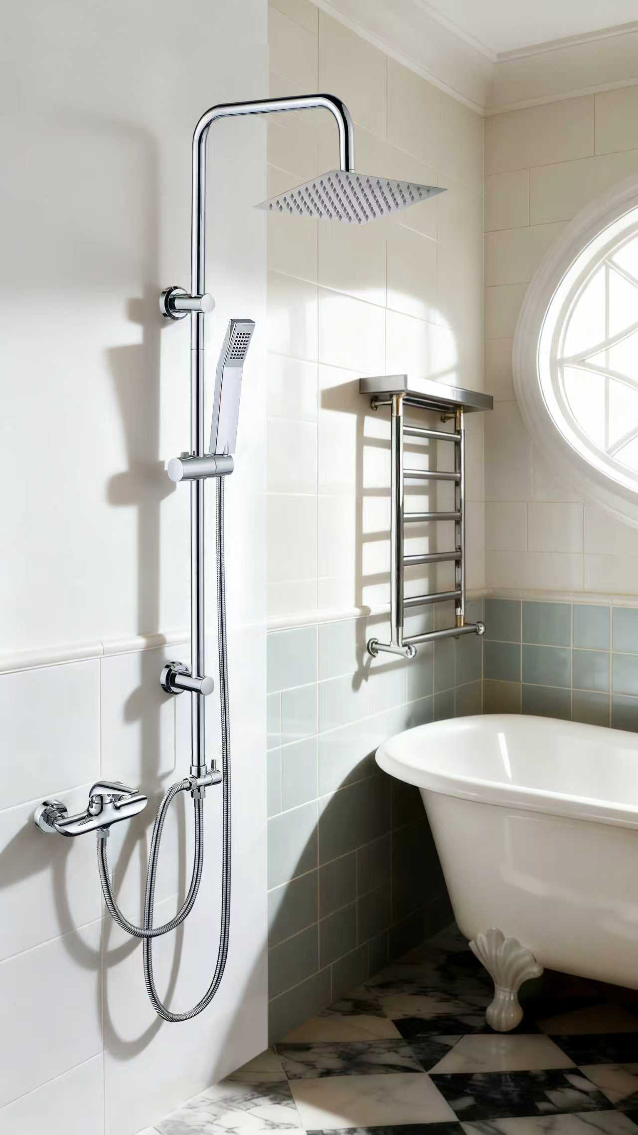 iBathUK Elevex 2 Way Shower Riser Rail Kit with SS Fixed Head & Diverter, Square Design with Universal Fittings, Shower Riser Rail, Chrome, H110 x W20 x D44cm