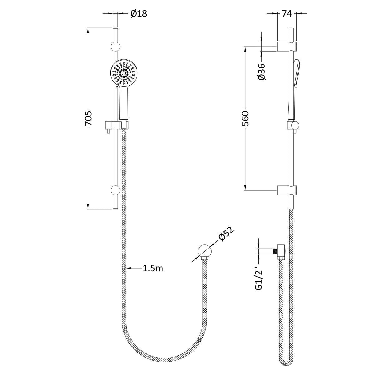 Omega Water Saving Shower Slide Rail Kit - Chrome