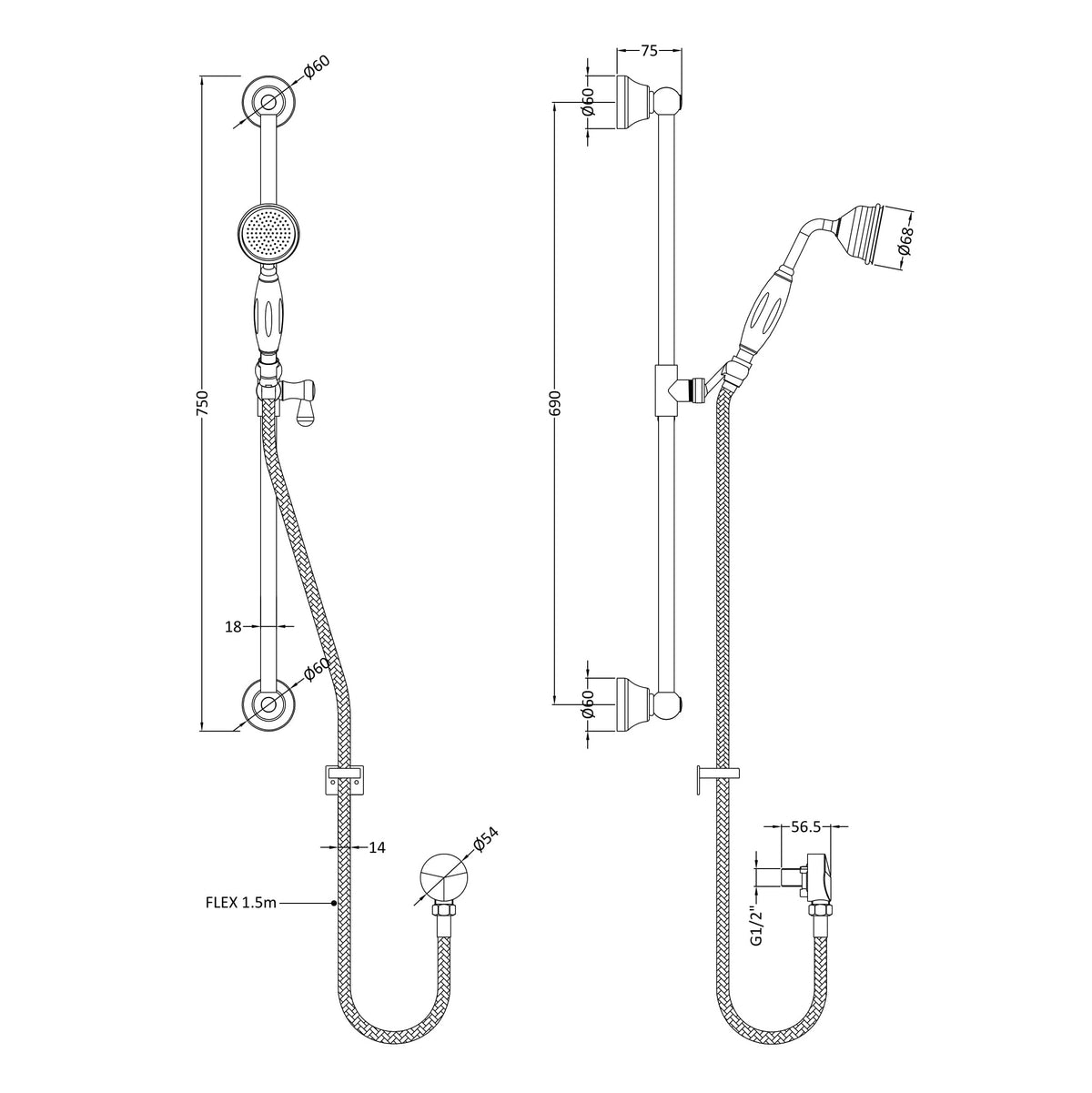 Omega Shower Slider Rail Kit - Chrome