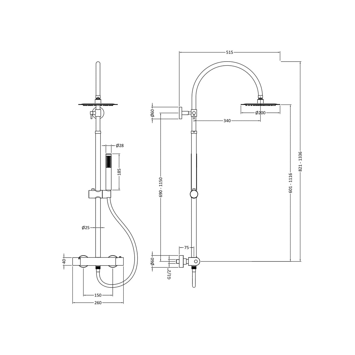 Omega Dual Thermostatic Bar Shower Valve and Round Head Kit - Chrome
