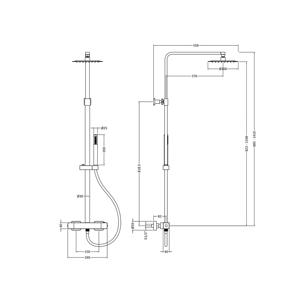 Omega Dual Thermostatic Bar Shower Valve and Square Head Kit - Chrome
