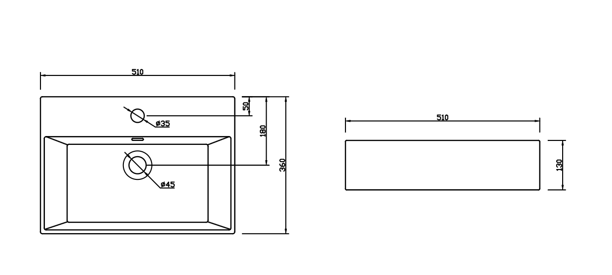 Nio Rectangular Wall Hung Basin - 510mm Wide - 1 TH - White