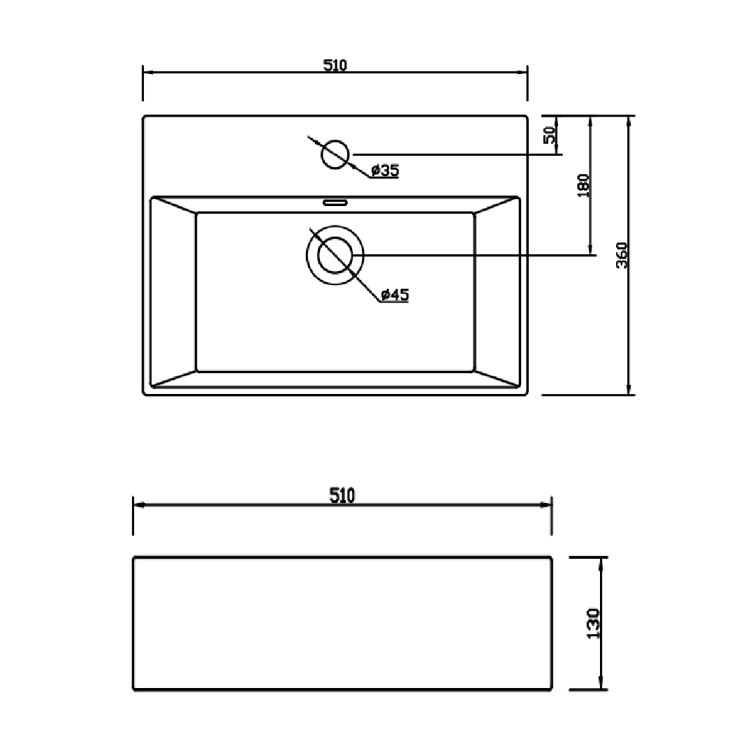 Nio Rectangular Wall Hung Basin - 510mm Wide - 1 TH - White