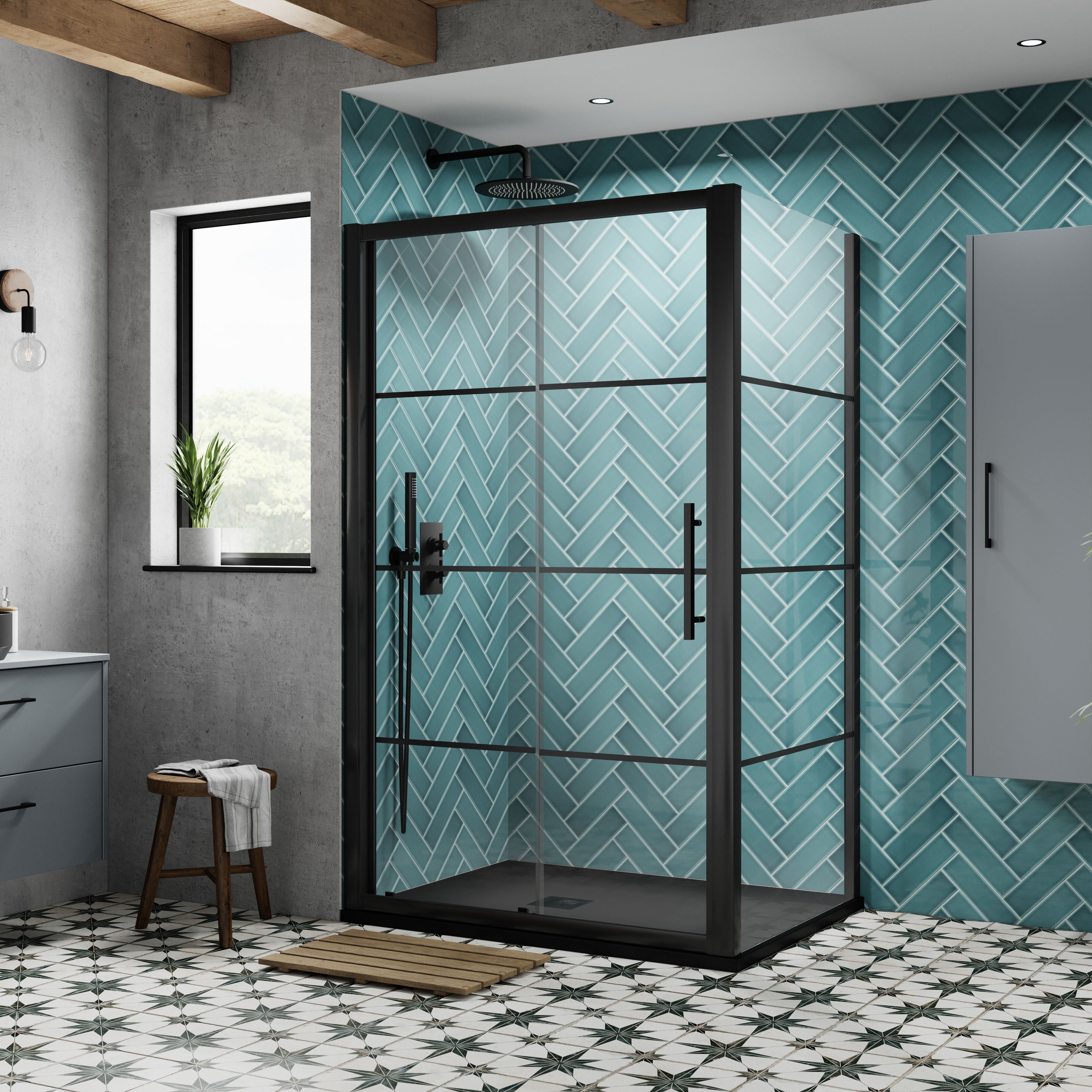Cove 8mm Glass Recessed Sliding Shower Door - Matt Black