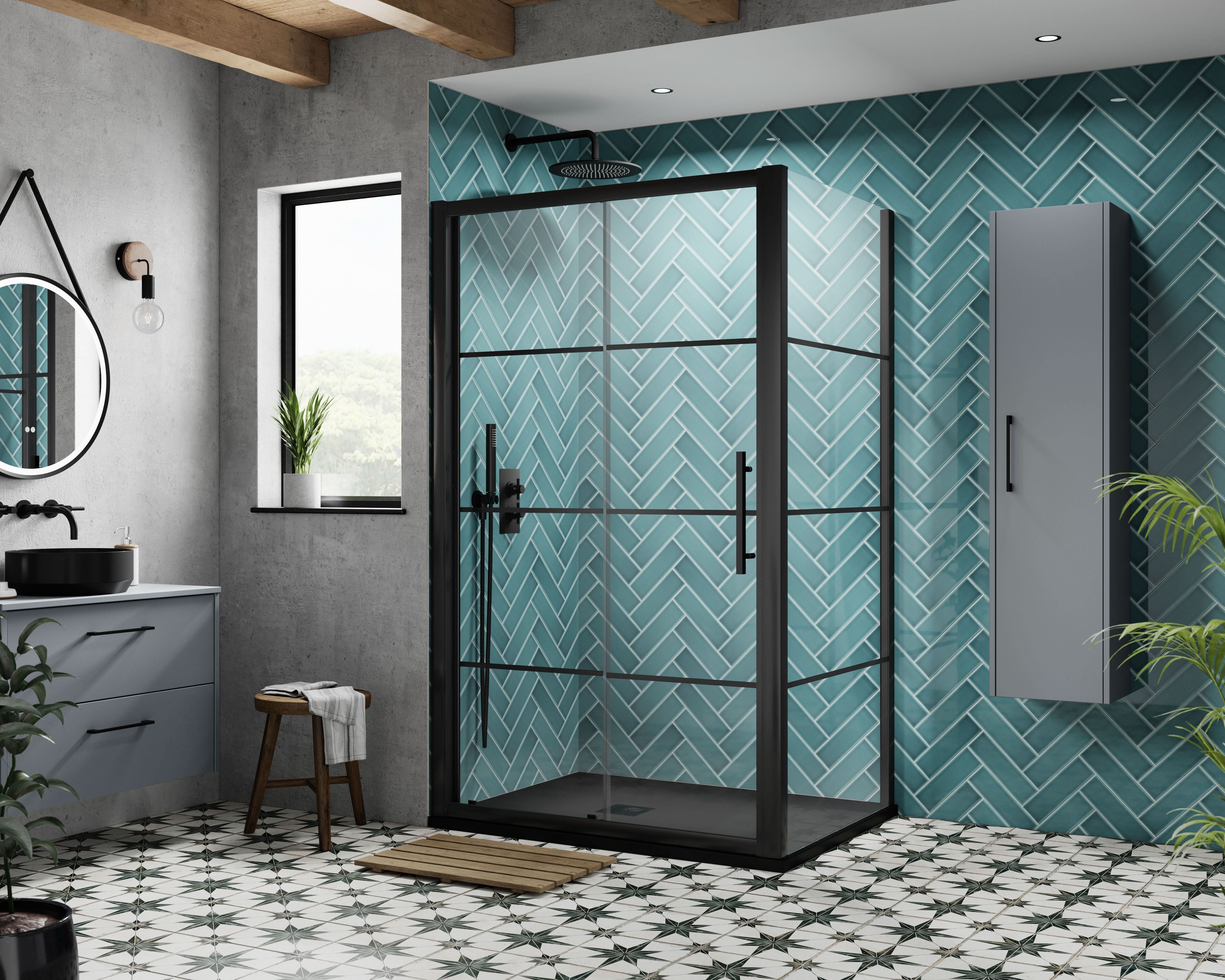 Cove 8mm Glass Recessed Sliding Shower Door - Matt Black
