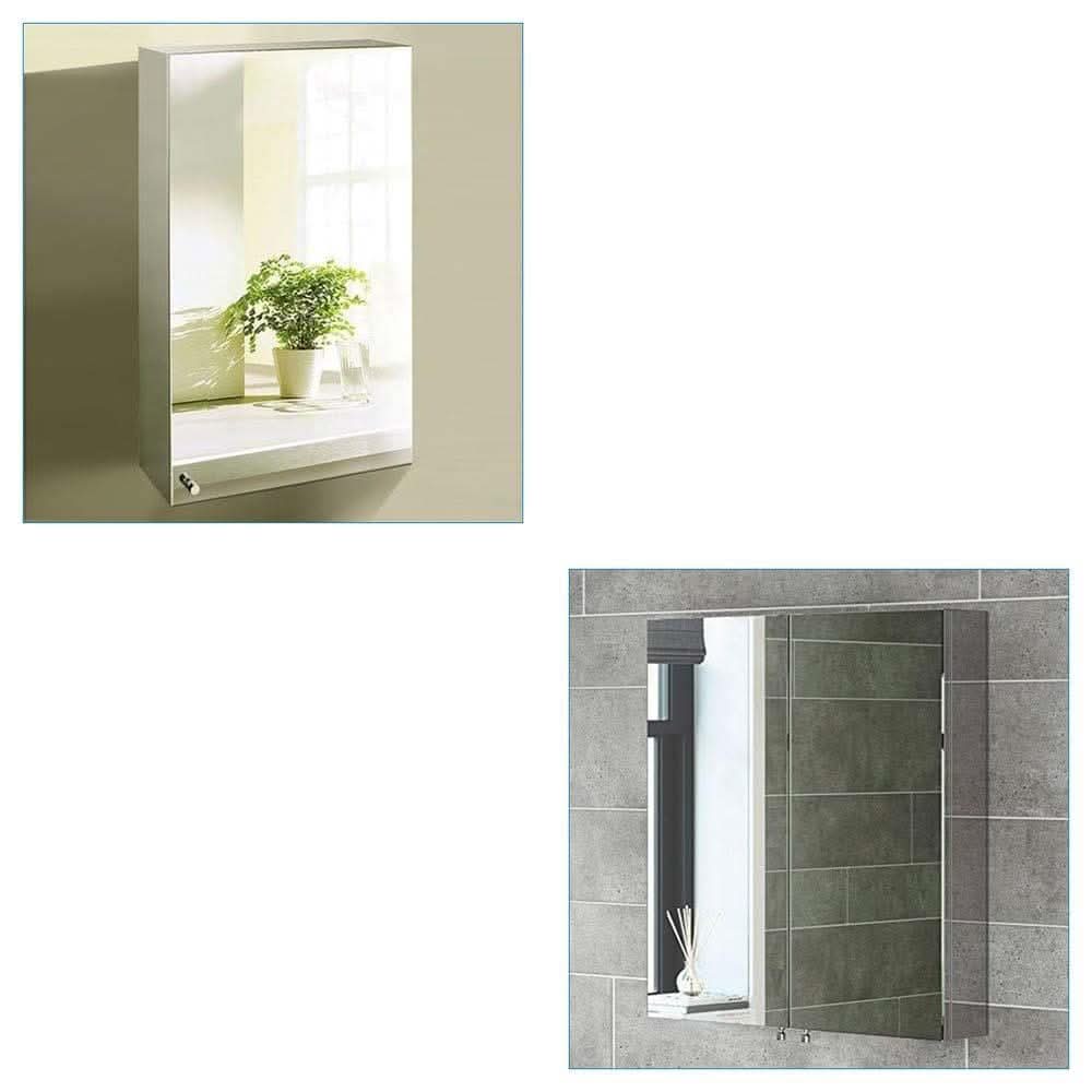 iBathUK Vienna Bathroom Mirror Cabinet 600 x 670mm, Single Door Stainless Steel Storage Cabinet - Silver