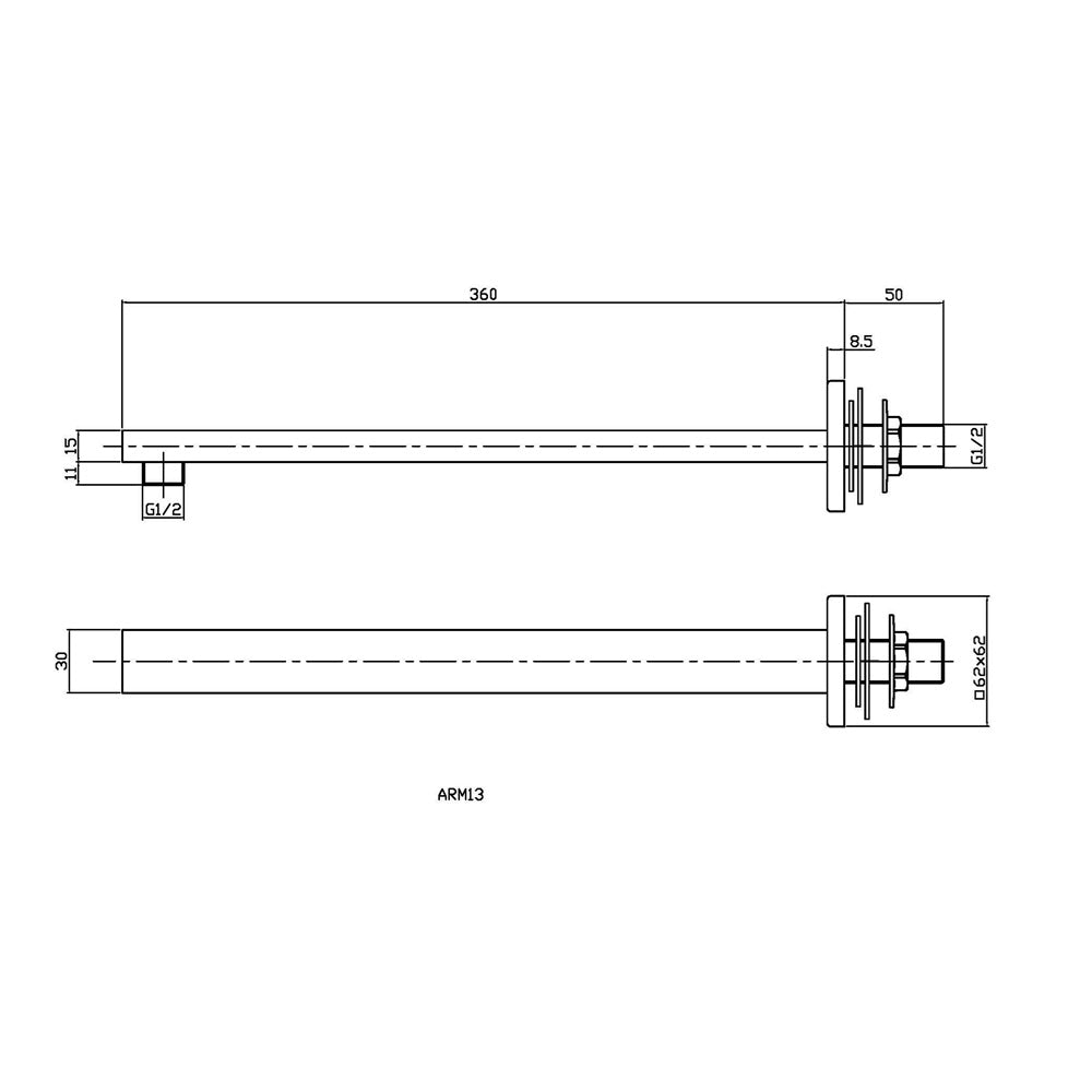 Cora Small Wall Mounted Square Shower Arm - 355mm Long - Chrome