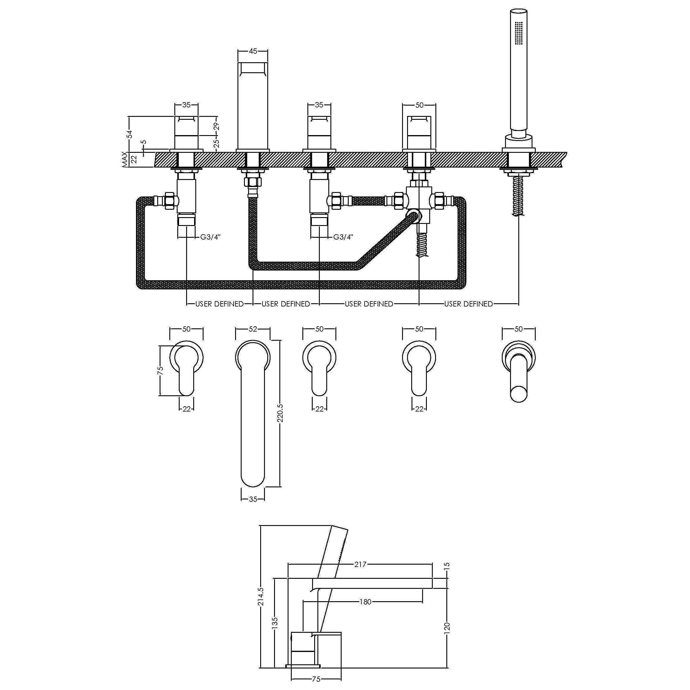 Astor 5 Hole Deck Mounted Bath Shower Mixer Tap - Chrome