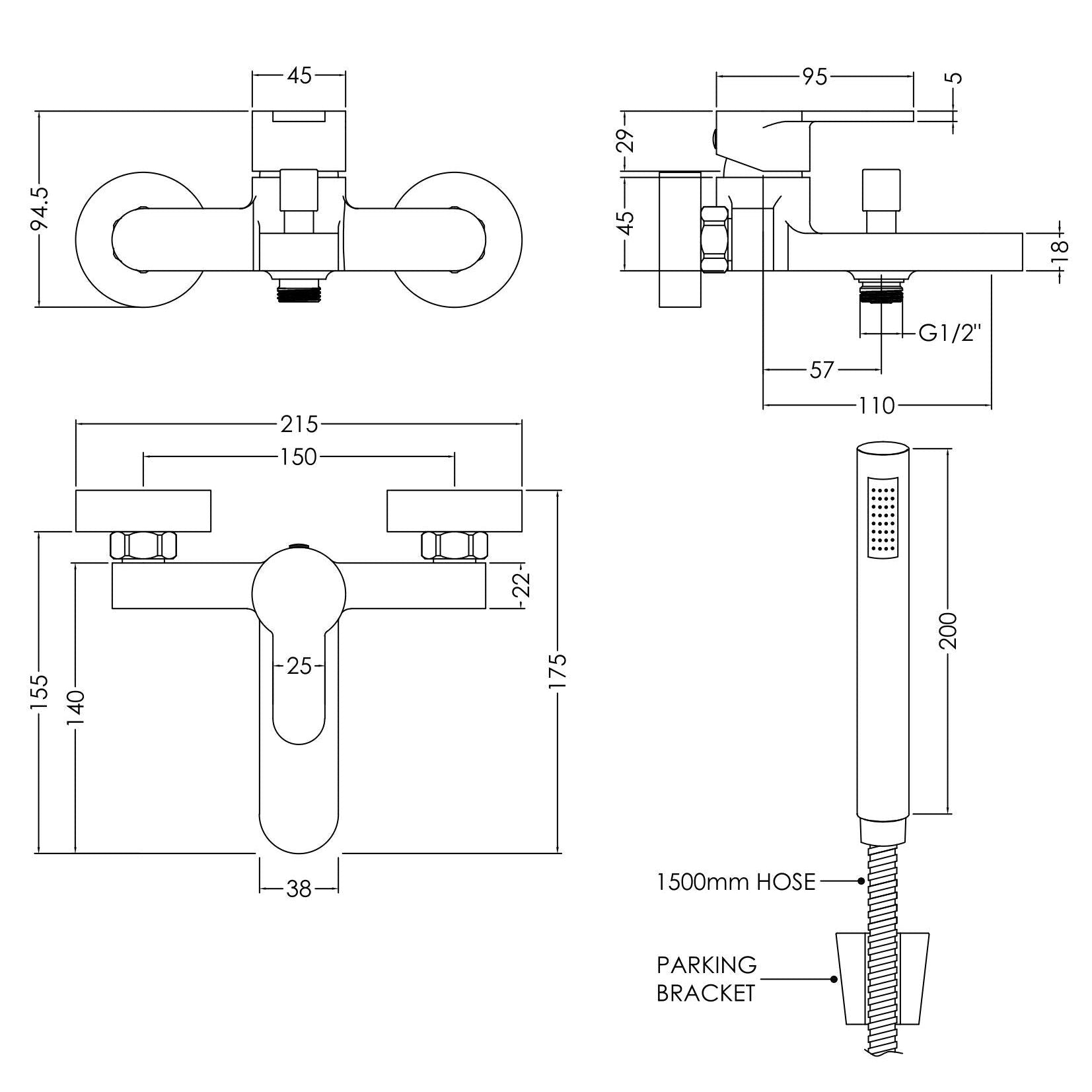 Astor Wall Mounted Bath Shower Mixer Tap With Handset - Chrome