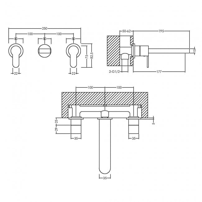 Nuie Arvan 3-Hole Wall Mounted Basin Mixer Tap - Chrome