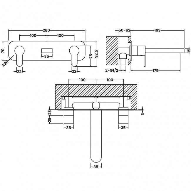 Astor 3 Hole Wall Mounted Basin Mixer Tap With Plate - Chrome