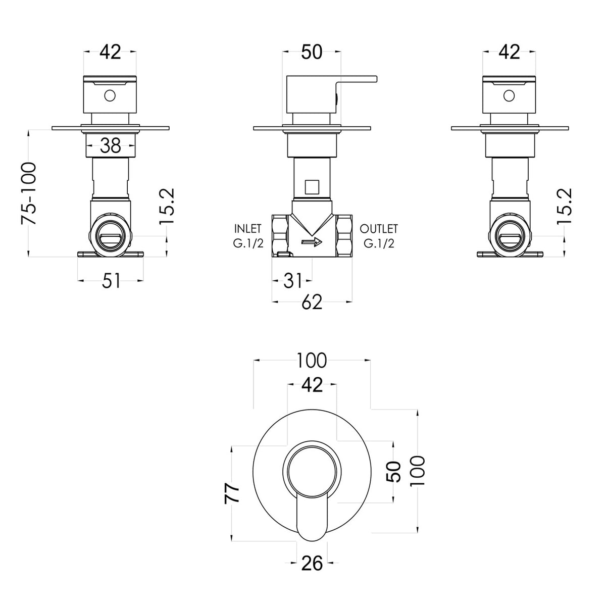 Astor Round 1 Outlet Concealed Stop Tap Shower Valve - Chrome