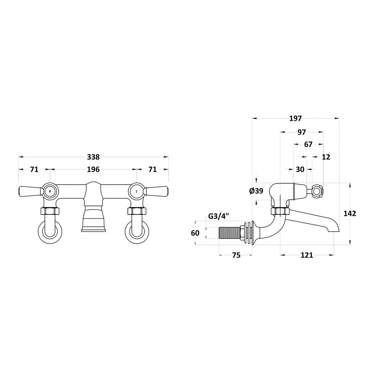 Claremont Topaz Wall Mounted Lever Bath Filler Tap