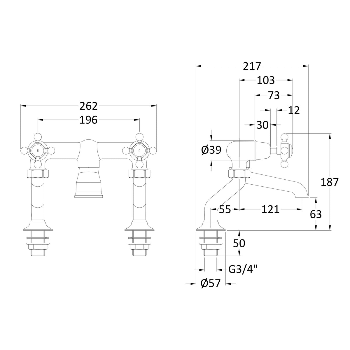Claremont Topaz Crosshead Deck Mounted Bath Filler Tap