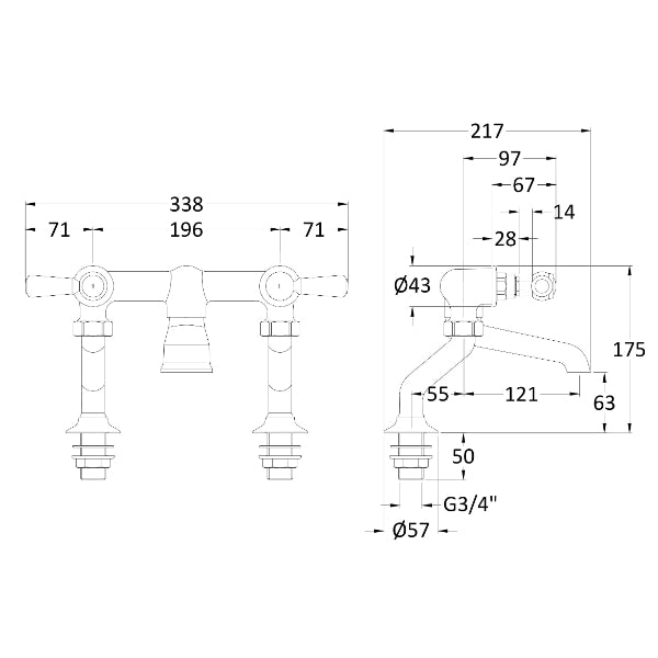 Claremont Dual Lever Deck Mounted Bath Filler Tap