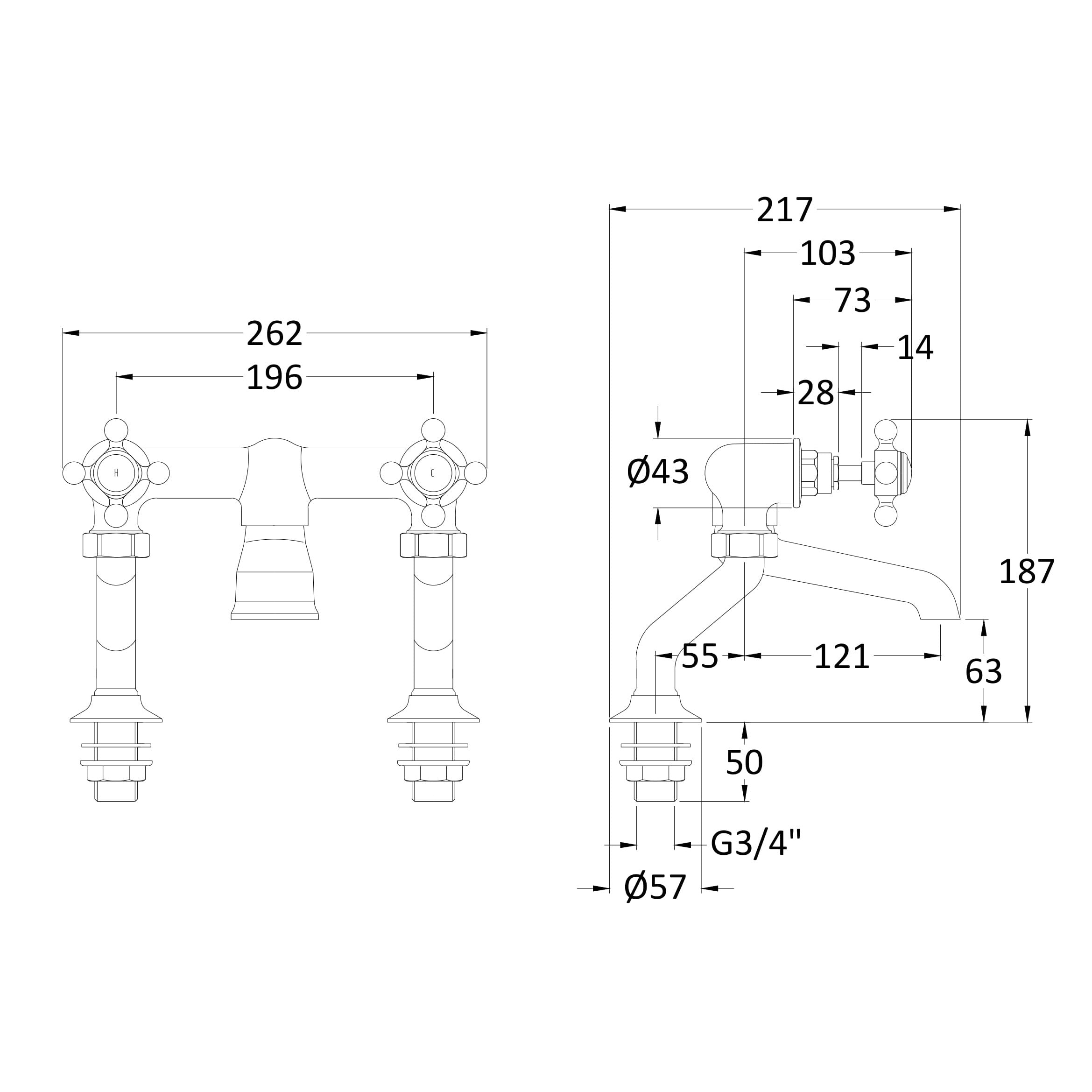 Claremont Topaz Crosshead Deck Mounted Bath Filler Tap