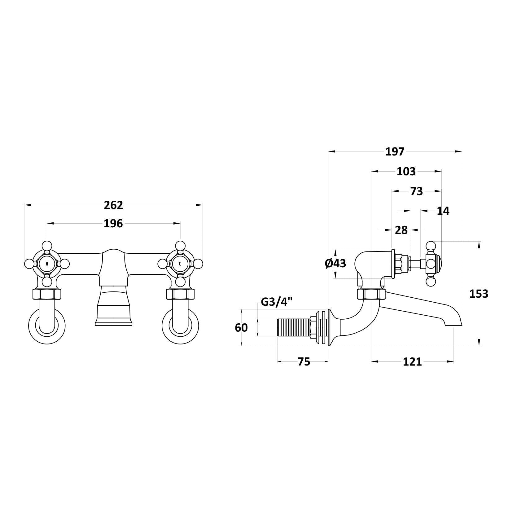 Claremont Topaz Crosshead Wall Mounted Bath Filler Tap