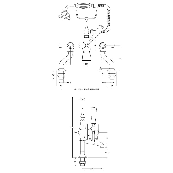 Claremont Deck Mounted Lever Bath Shower Mixer Tap