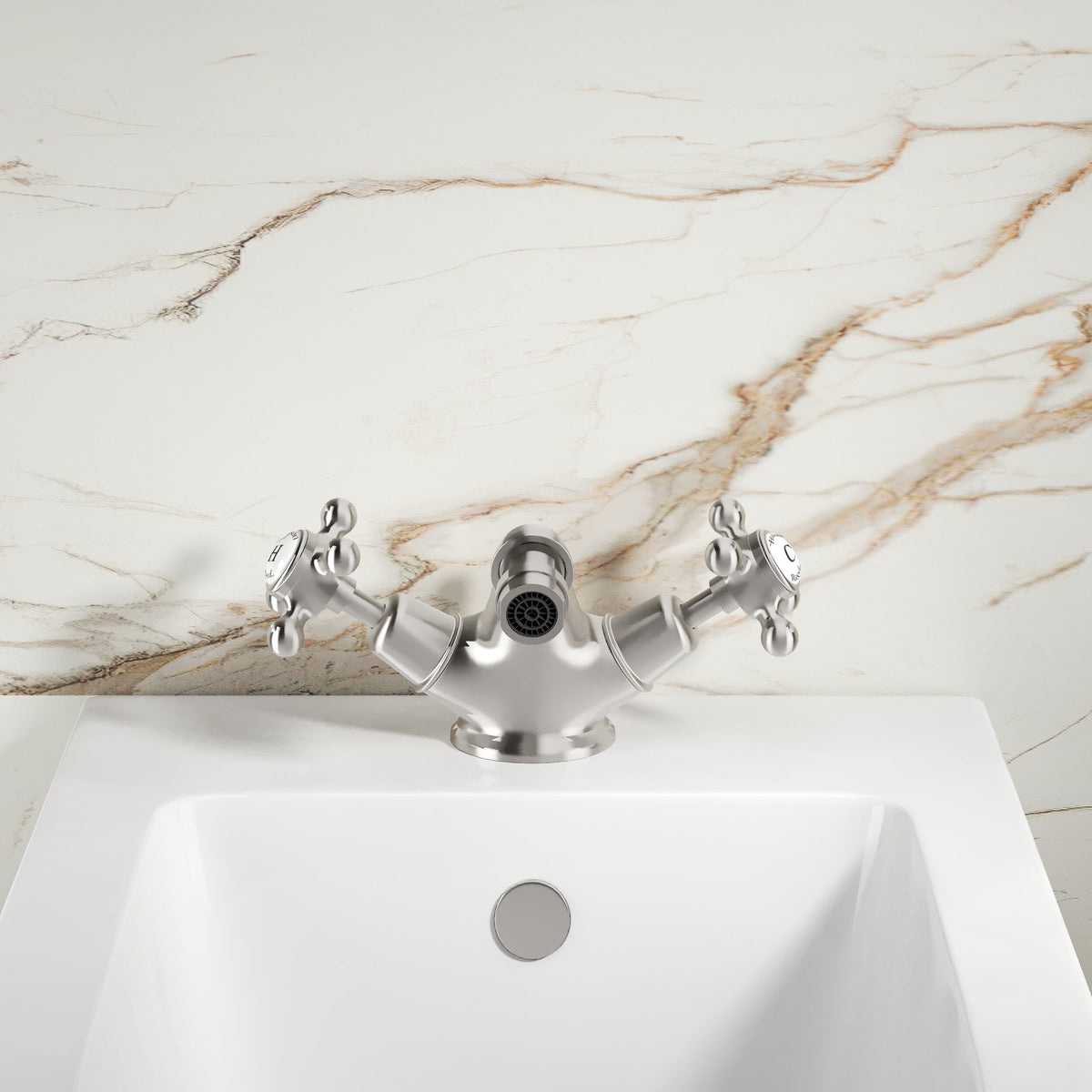 Claremont Dome Collar Crosshead Handle Bidet Mixer Tap With Waste