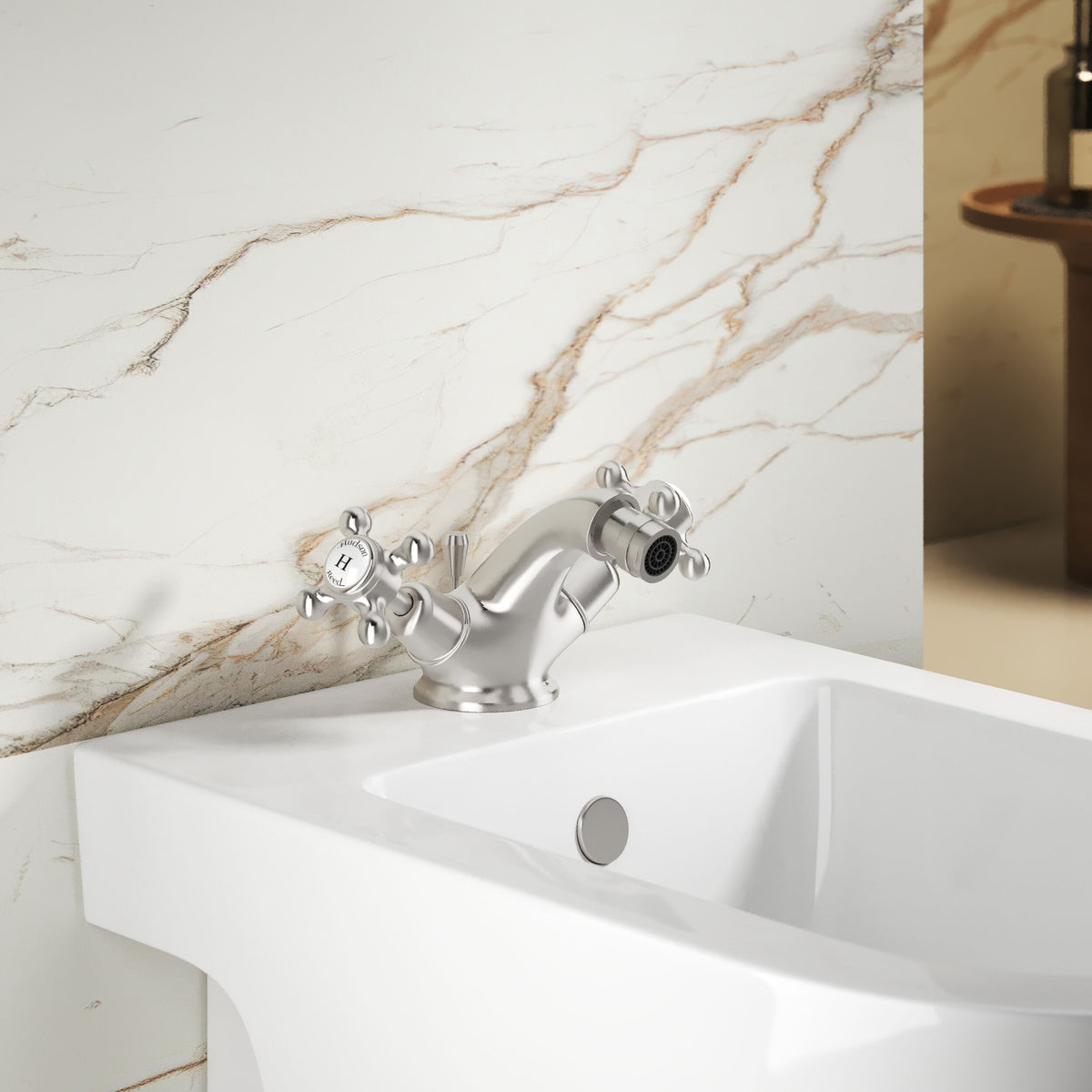 Claremont Dome Collar Crosshead Handle Bidet Mixer Tap With Waste