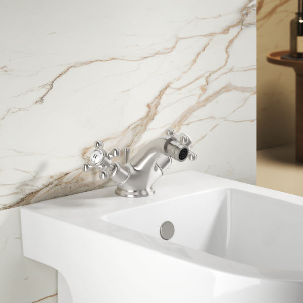 Claremont Dome Collar Crosshead Handle Bidet Mixer Tap With Waste