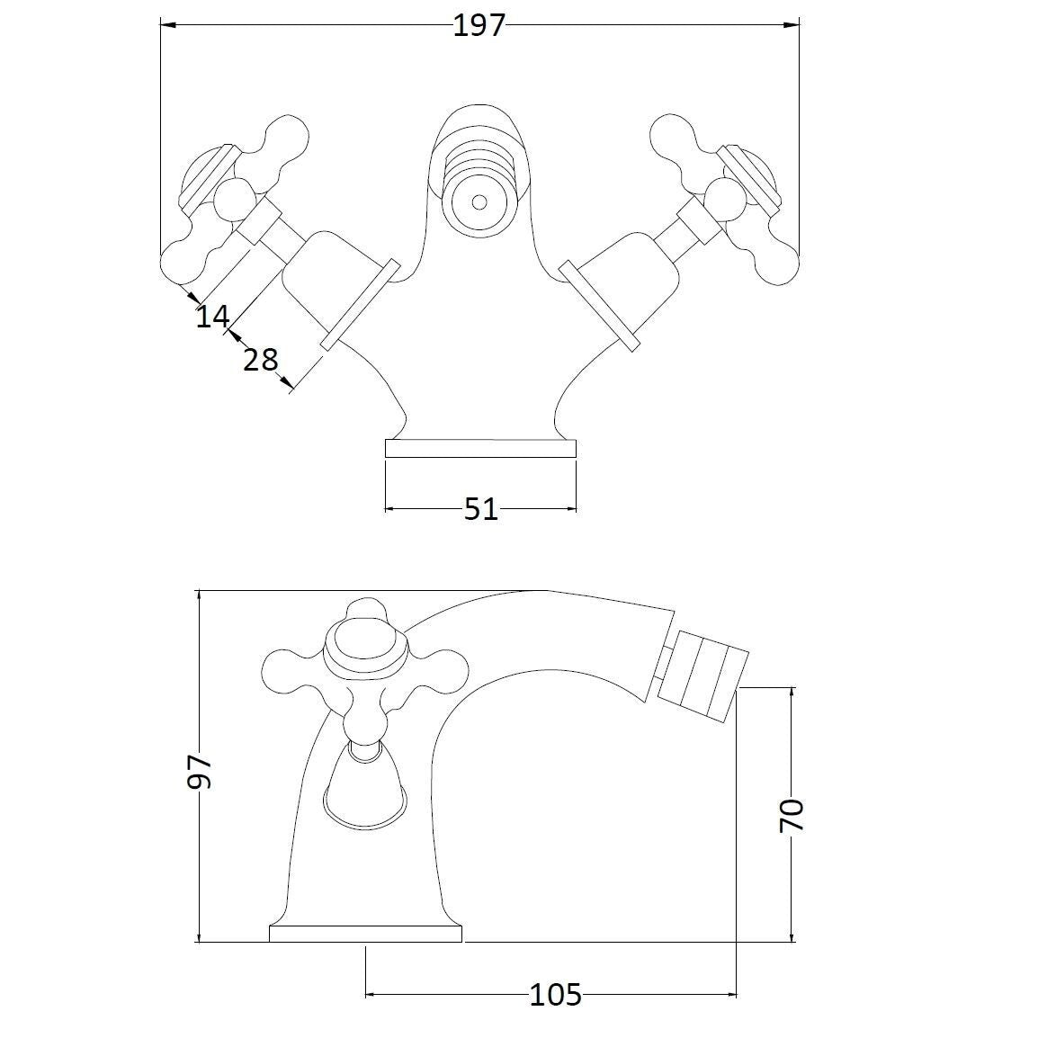 Claremont Dome Collar Crosshead Handle Bidet Mixer Tap With Waste