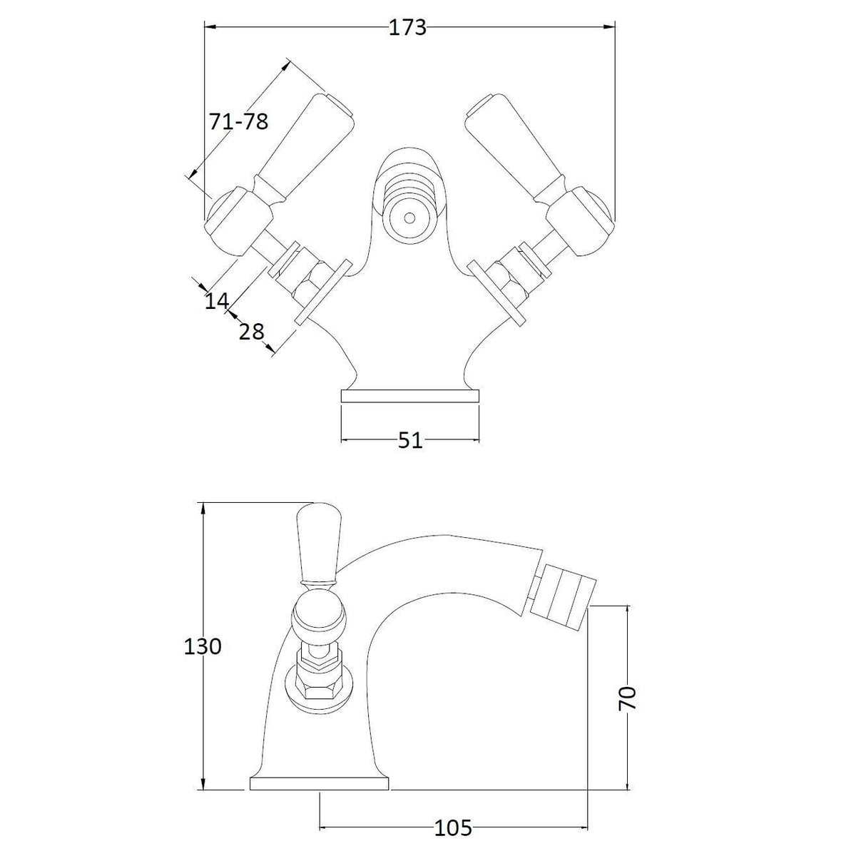 Claremont Hexagonal Lever Handle Bidet Mixer Tap With Waste
