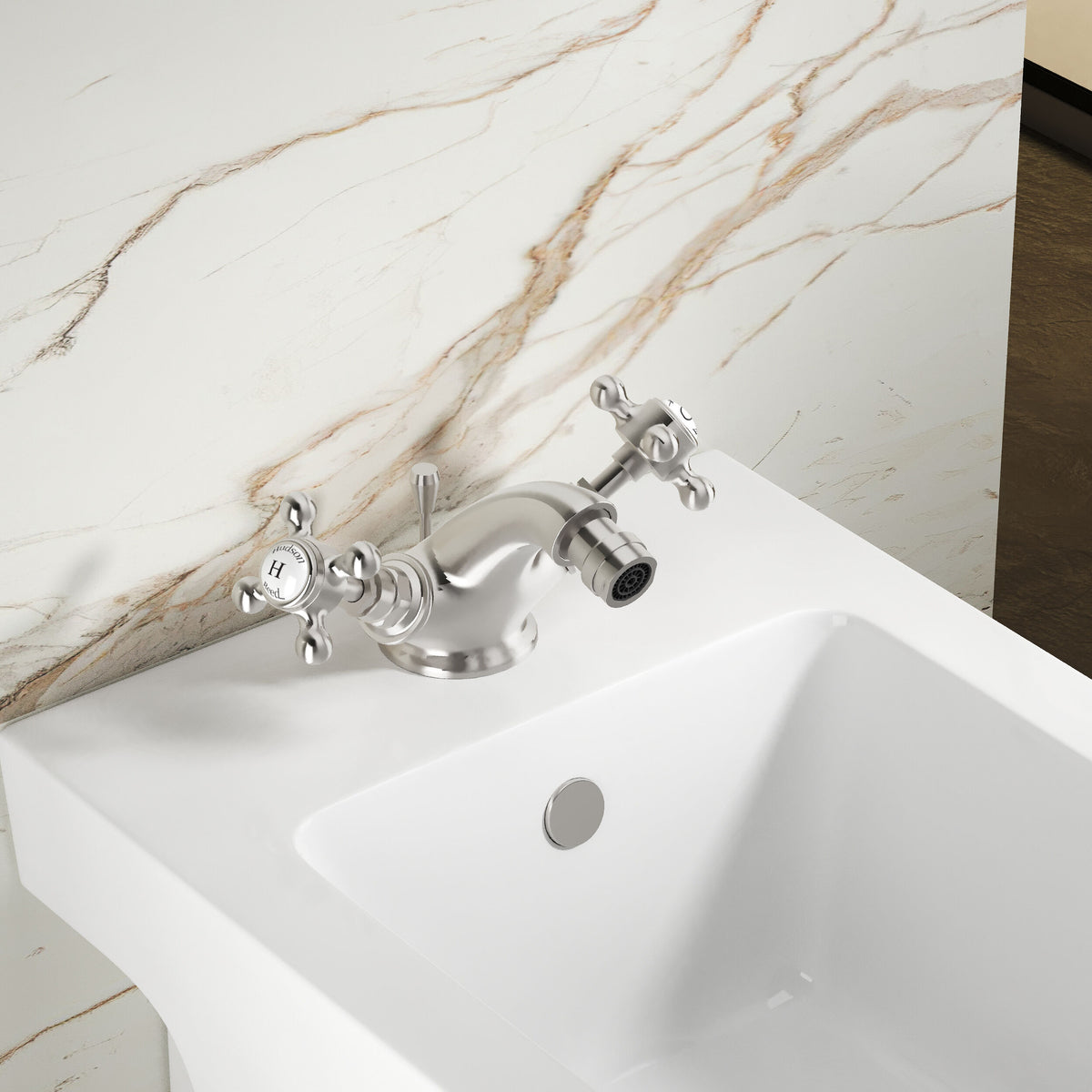 Claremont Hexagonal Collar Crosshead Handle Bidet Mixer Tap With Waste