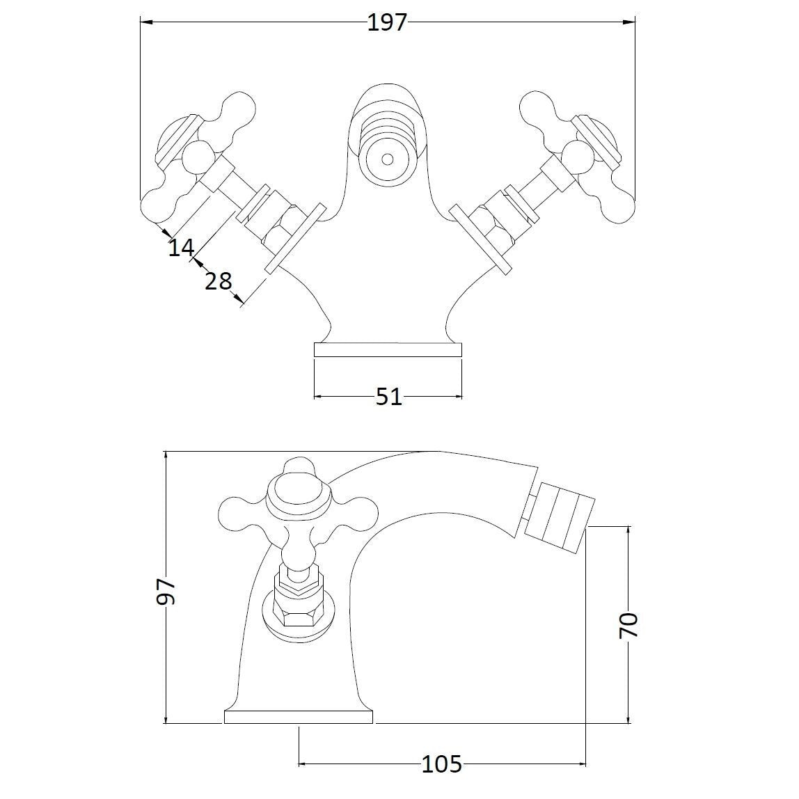 Claremont Hexagonal Collar Crosshead Handle Bidet Mixer Tap With Waste