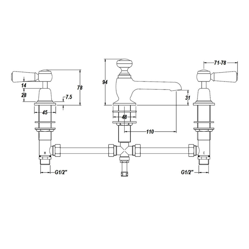 Claremont Topaz 3-Hole Deck Mounted Lever Basin Mixer Tap with Pop Up Waste
