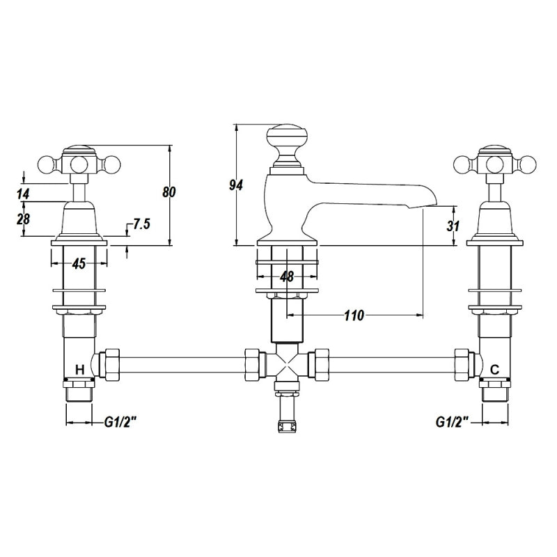 Claremont Topaz 3-Hole Deck Mounted Basin Mixer Tap with Pop Up Waste