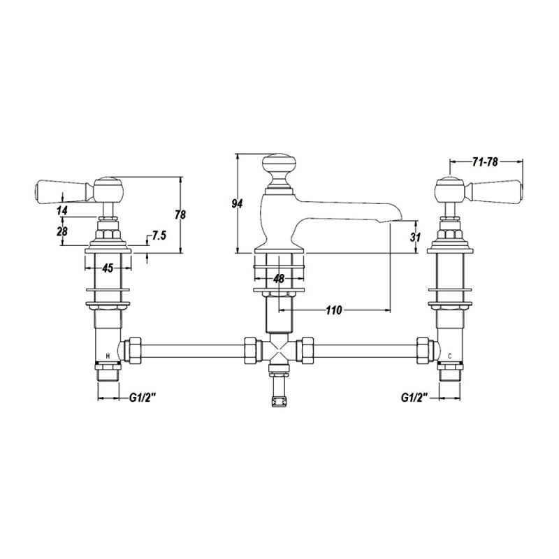 Claremont Topaz 3 Hole Dual Lever Basin Mixer Tap with Pop Up Waste