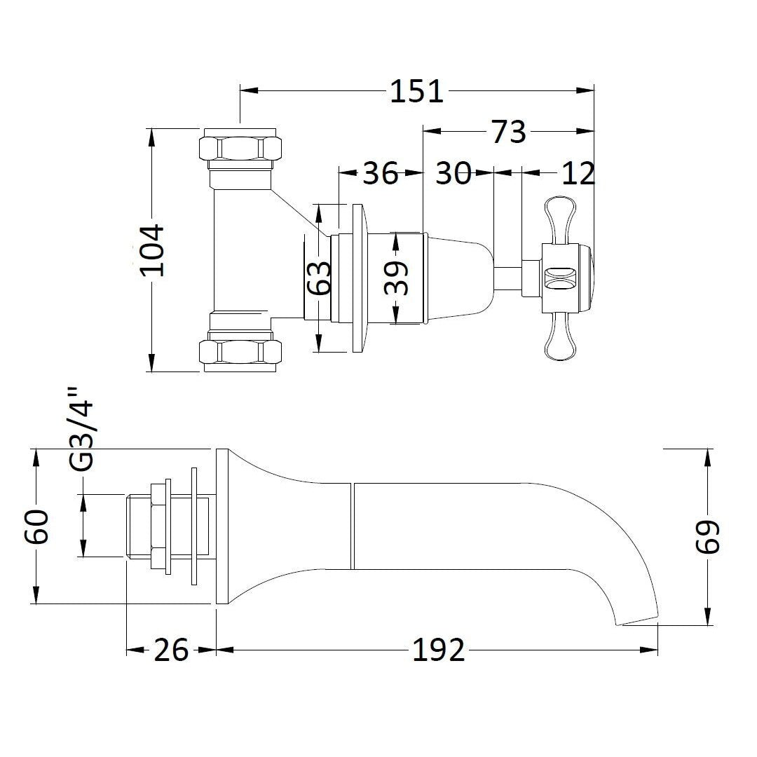 Claremont Topaz 3 Hole Wall Mounted Bath Filler Tap