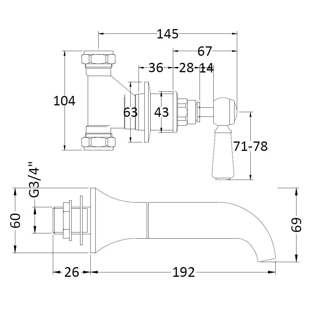Claremont Topaz 3 Hole Dual Lever Wall Mounted Bath Filler Tap