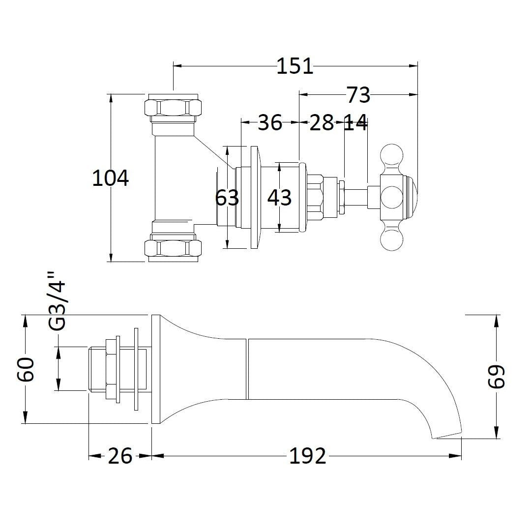 Claremont Topaz Crosshead 3 Hole Wall Mounted Bath Filler Tap
