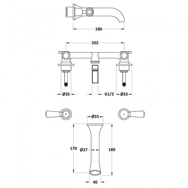 Claremont Topaz 3-Hole Wall Mounted Lever Basin Mixer Tap