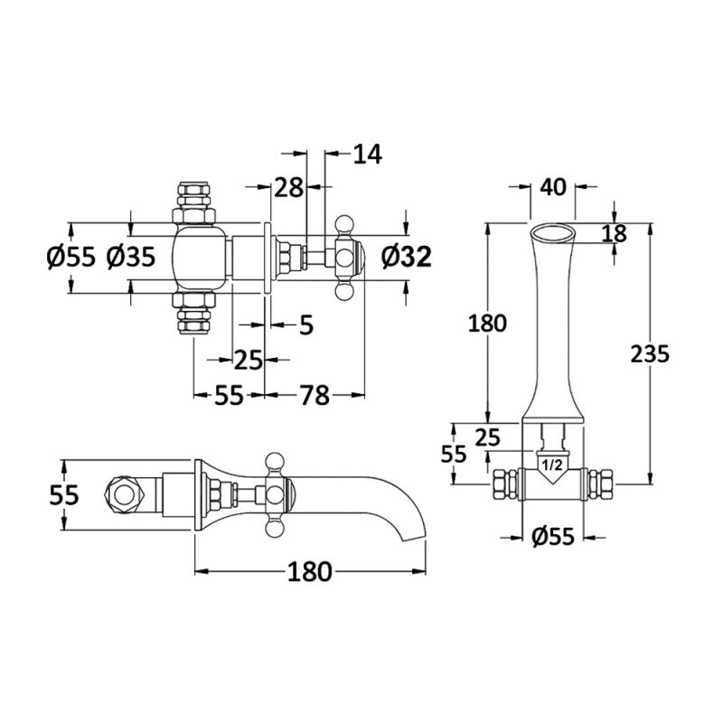 Claremont Topaz Crosshead 3-Hole Wall Mounted Basin Mixer Tap