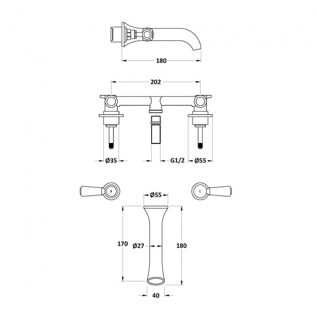 Claremont Topaz Lever 3 Hole Wall Mounted Basin Mixer Tap