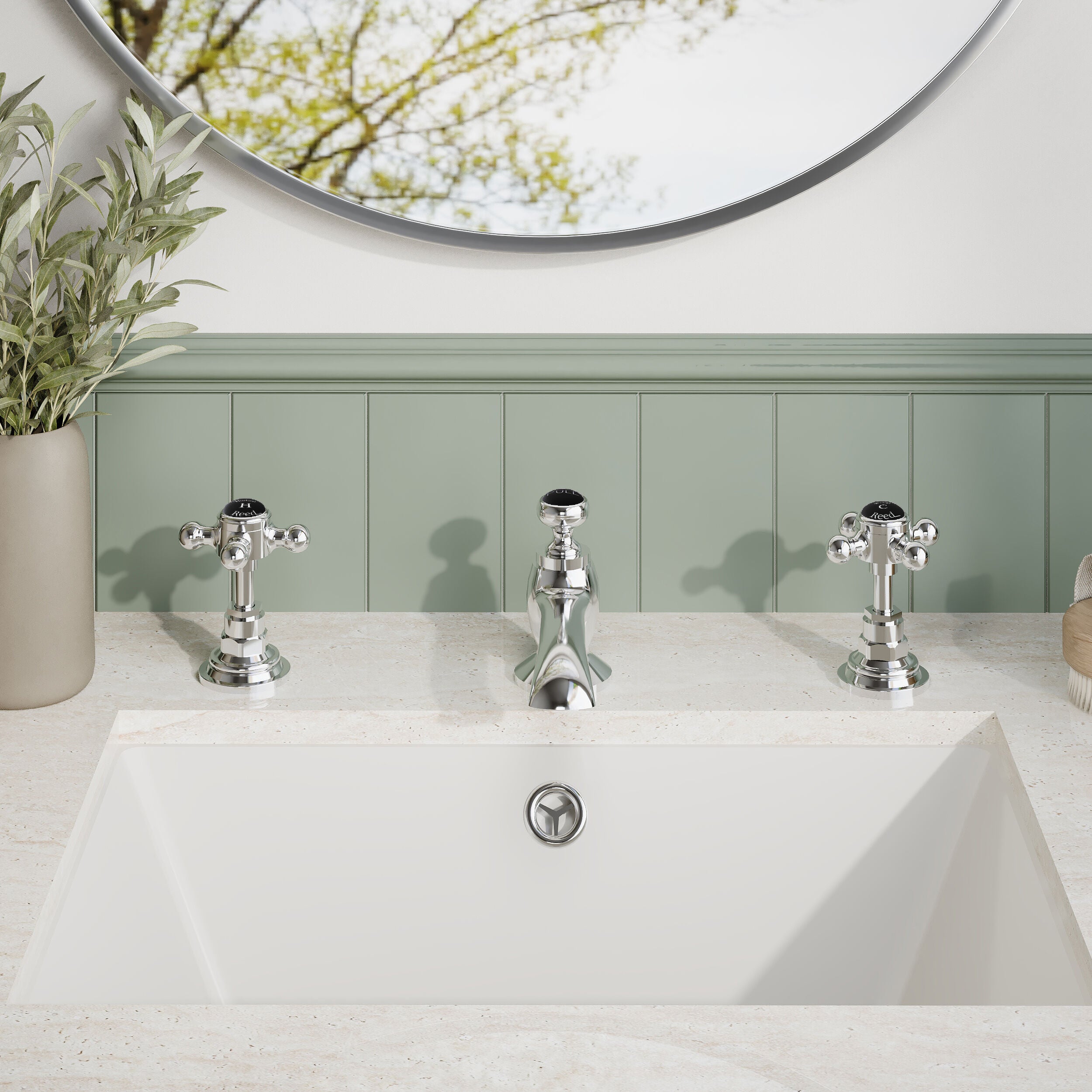 Claremont Topaz Hexagonal Collar 3 Hole Basin Mixer Tap with Pop Up Waste