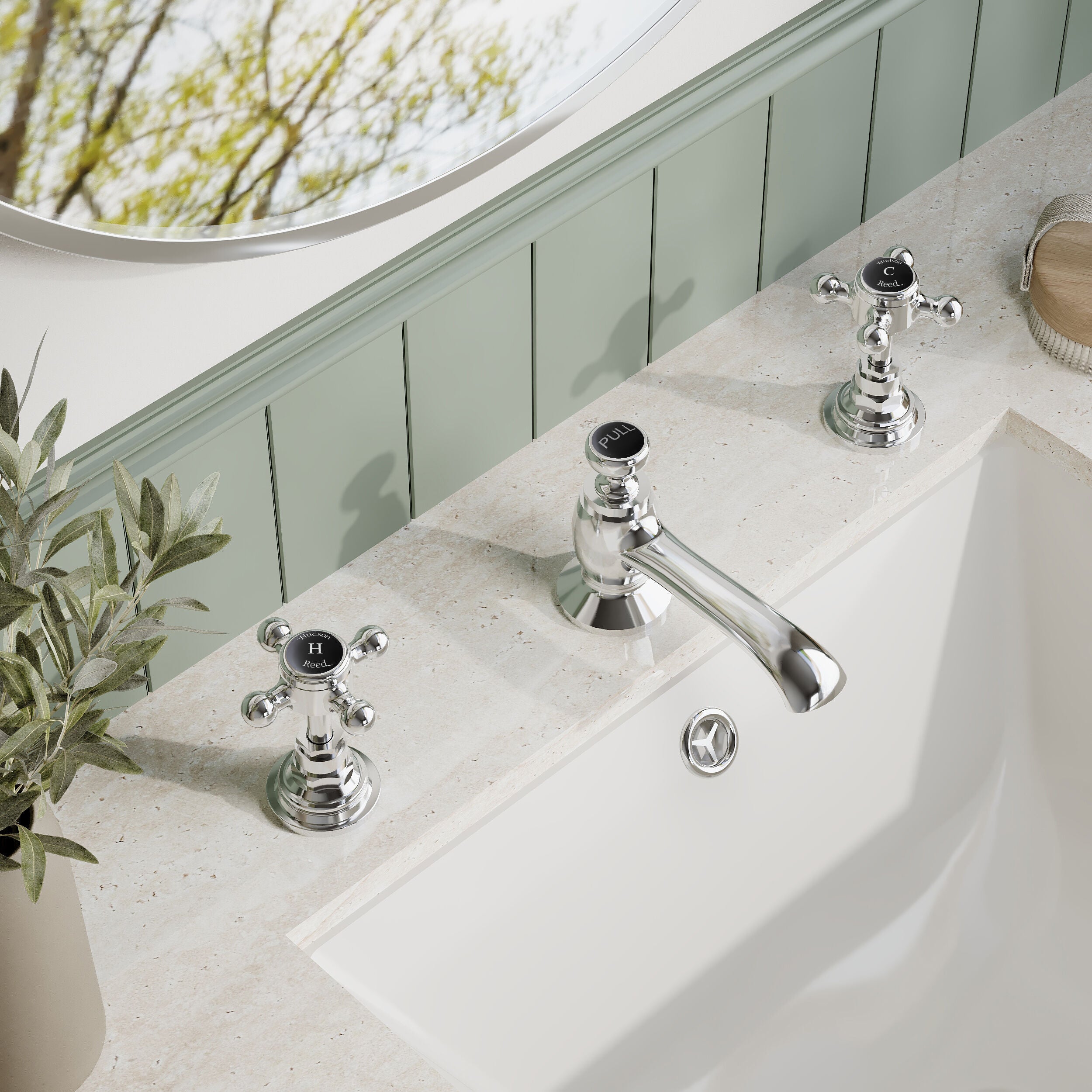 Claremont Topaz Hexagonal Collar 3 Hole Basin Mixer Tap with Pop Up Waste