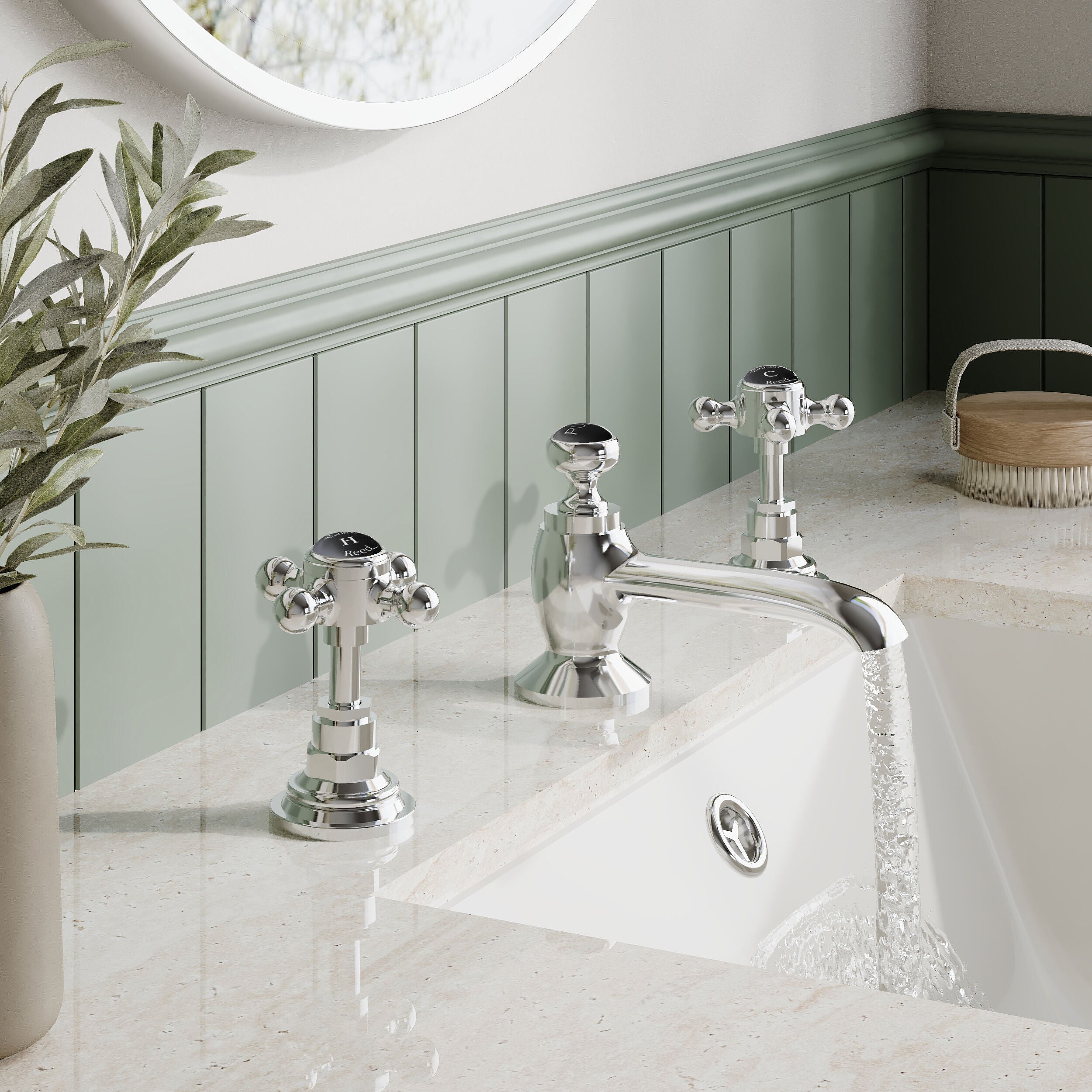 Claremont Topaz Hexagonal Collar 3 Hole Basin Mixer Tap with Pop Up Waste