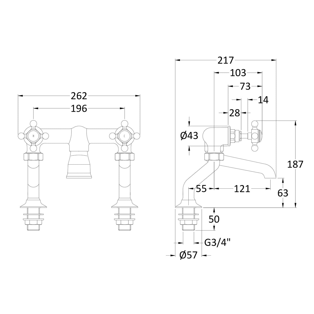 Claremont Deck Mounted Bath Filler Tap - Brushed Brass