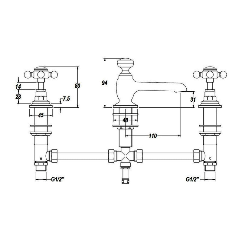 Claremont Topaz Hexagonal Collar 3 Hole Basin Mixer Tap with Pop Up Waste