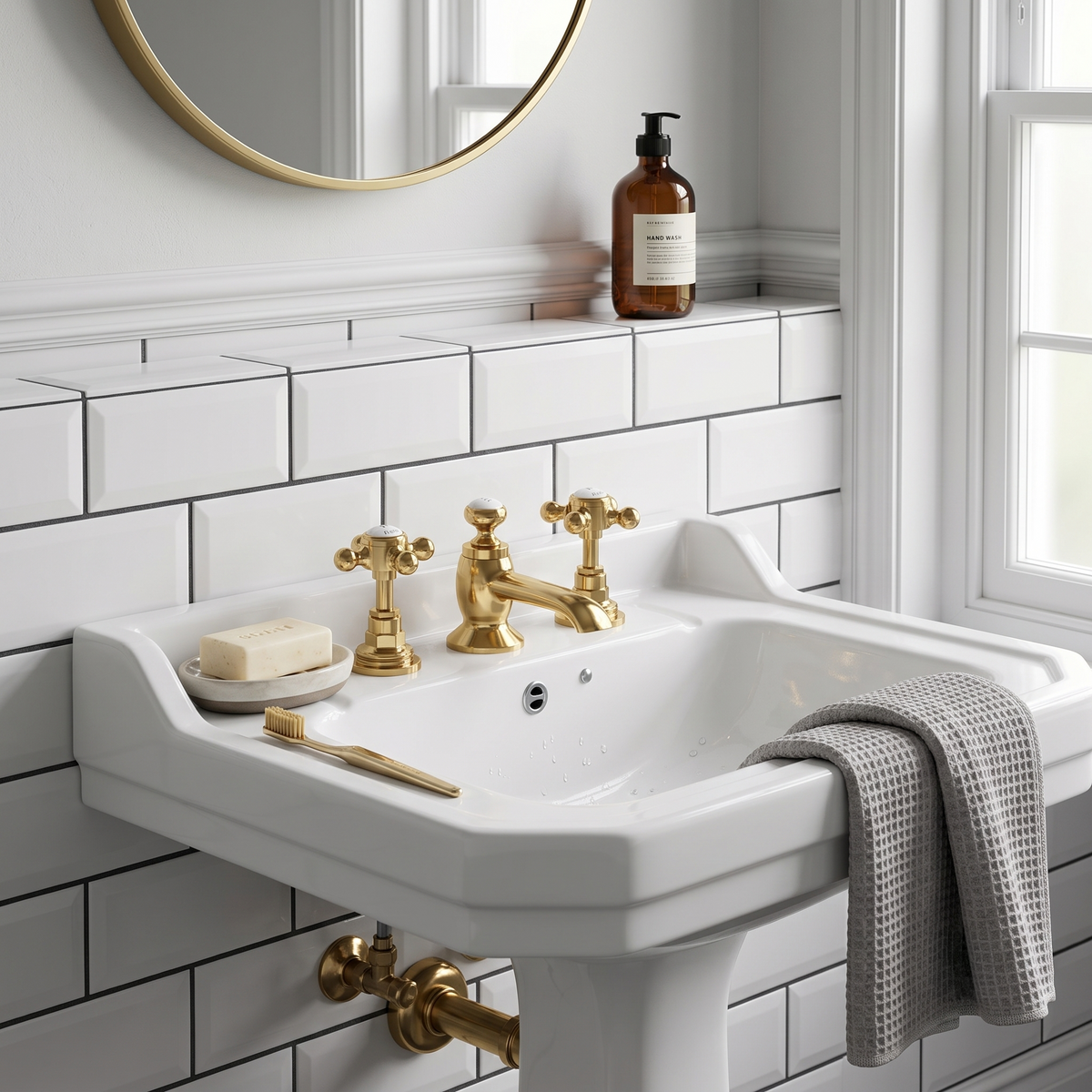 Claremont Topaz Hexagonal Collar 3 Hole Basin Mixer Tap with Pop Up Waste