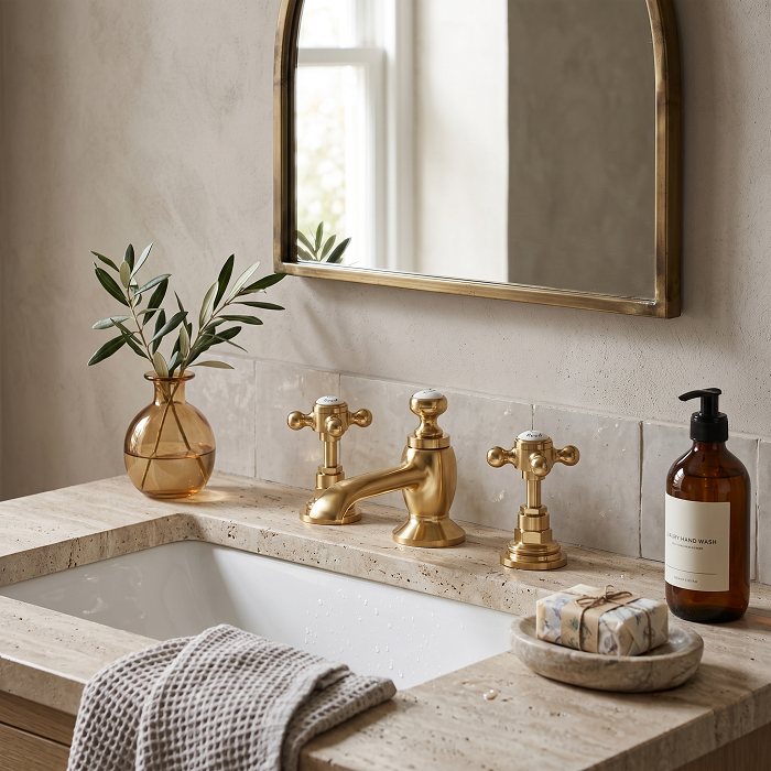 Claremont Hexagonal Collar 3 Hole Basin Mixer Tap with Pop Up Waste