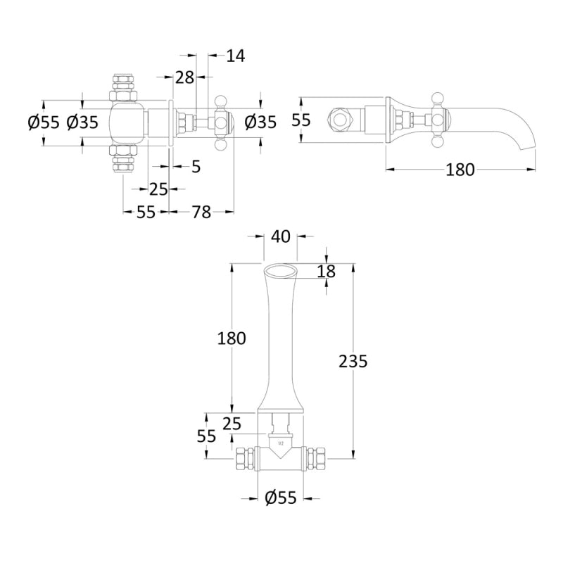 Claremont Crosshead Topaz 3-Hole Wall Mounted Basin Mixer Tap