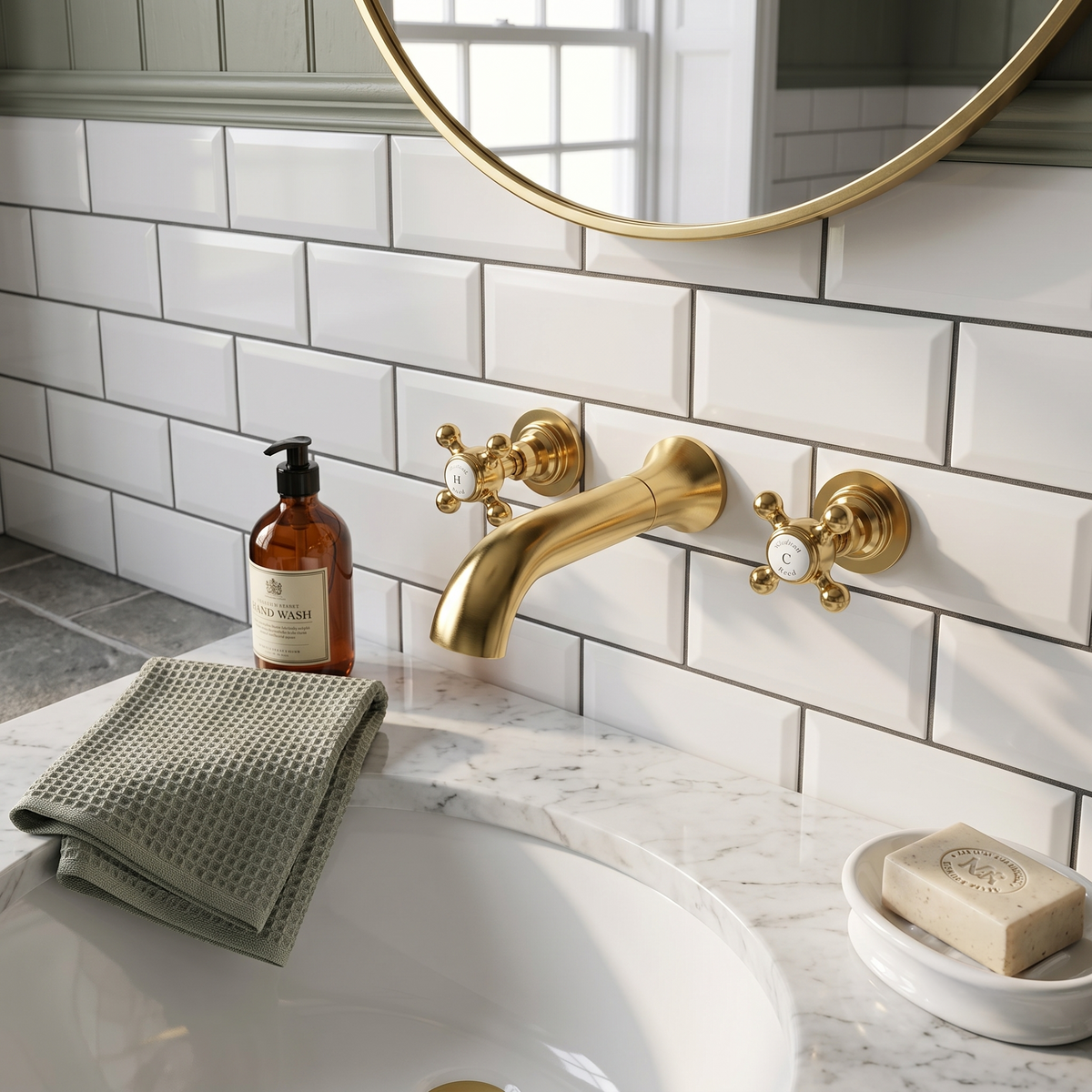 Claremont Crosshead Topaz 3-Hole Wall Mounted Basin Mixer Tap