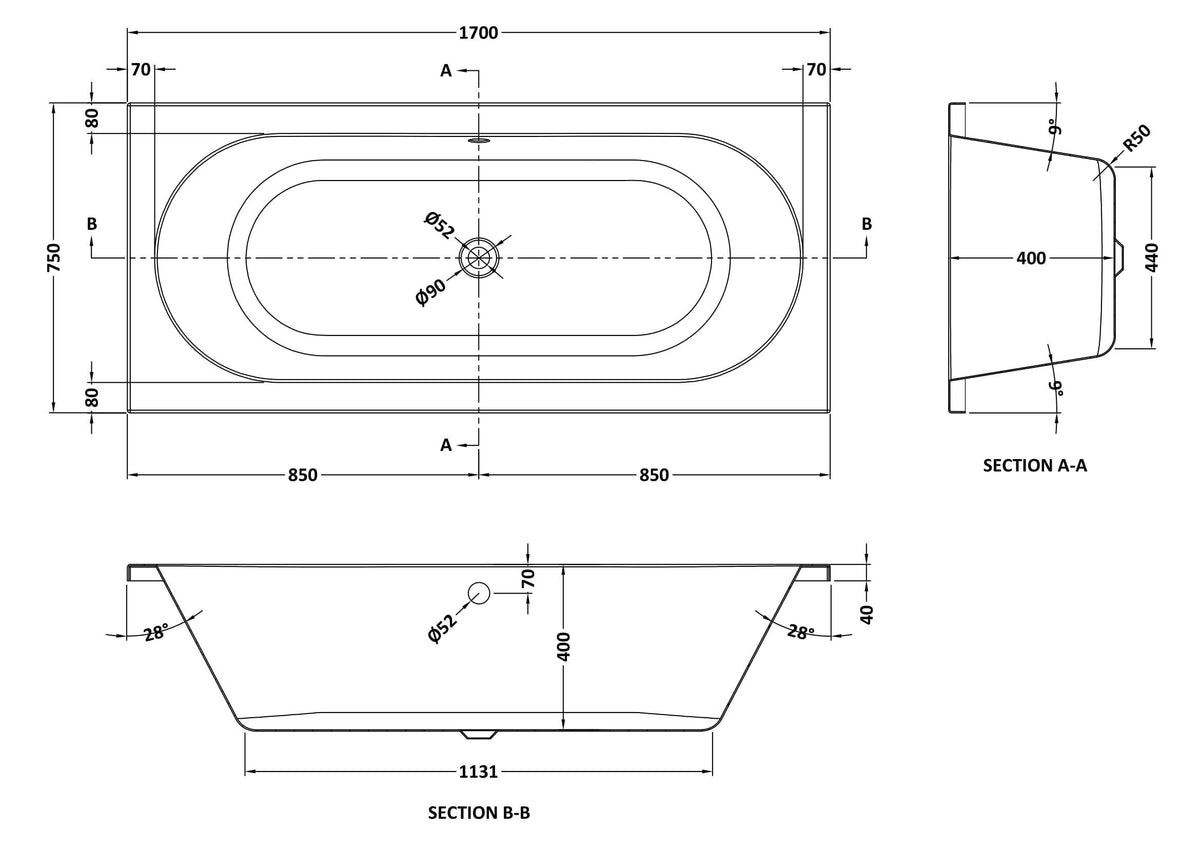 Thornbury Modern Round Double Ended Straight Bath with Adjustable Legs - White