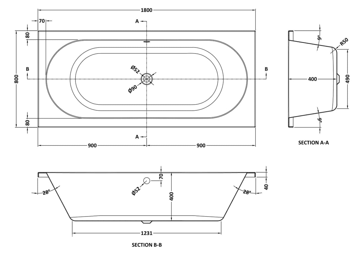 Thornbury Modern Round Double Ended Straight Bath with Adjustable Legs - White